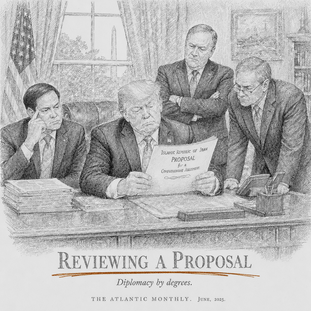 Illustration accompanying article: Trump reviewing new Iranian proposal to end war, skeptical it will work