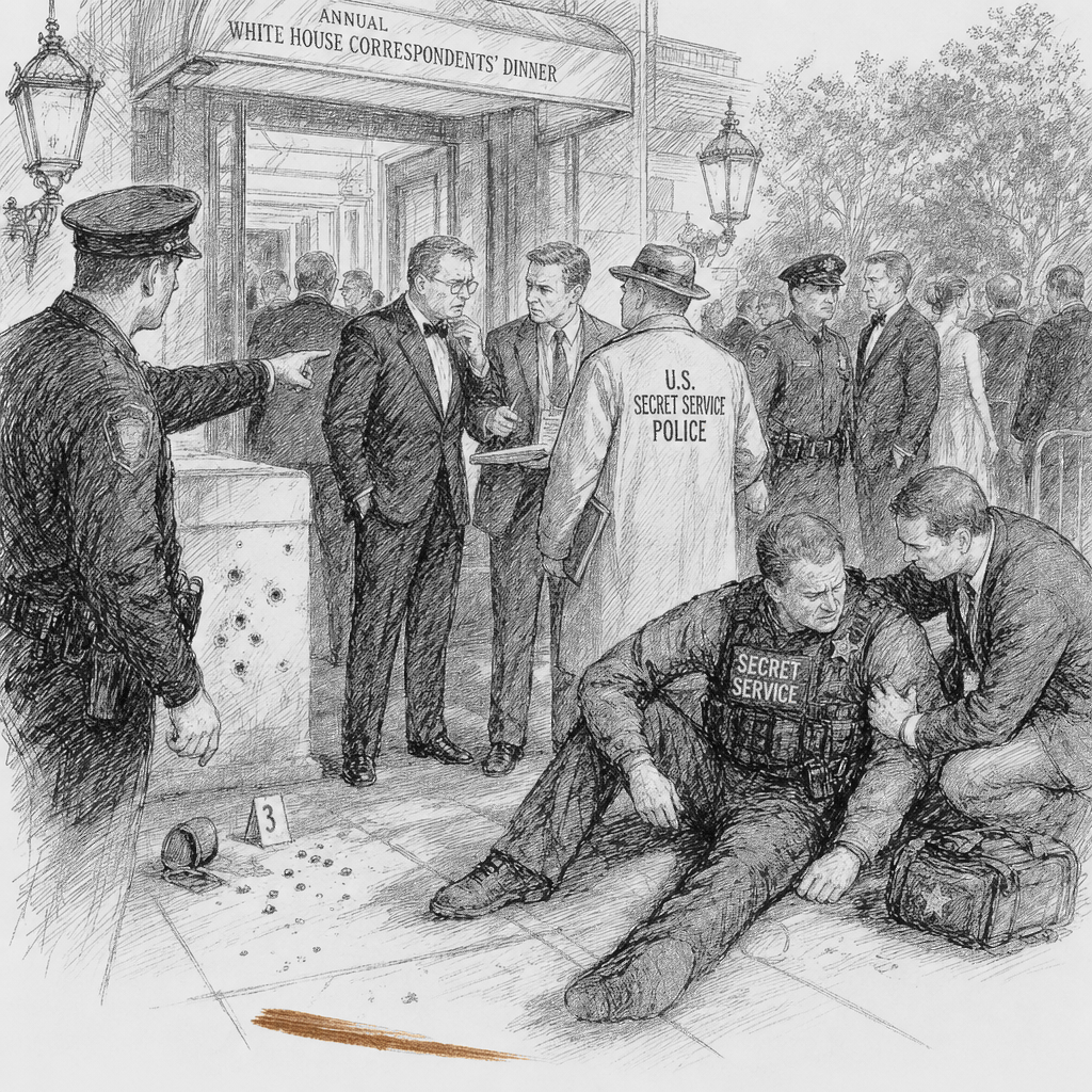 Illustration accompanying article: Pirro says buckshot from charged man hit Secret Service agent