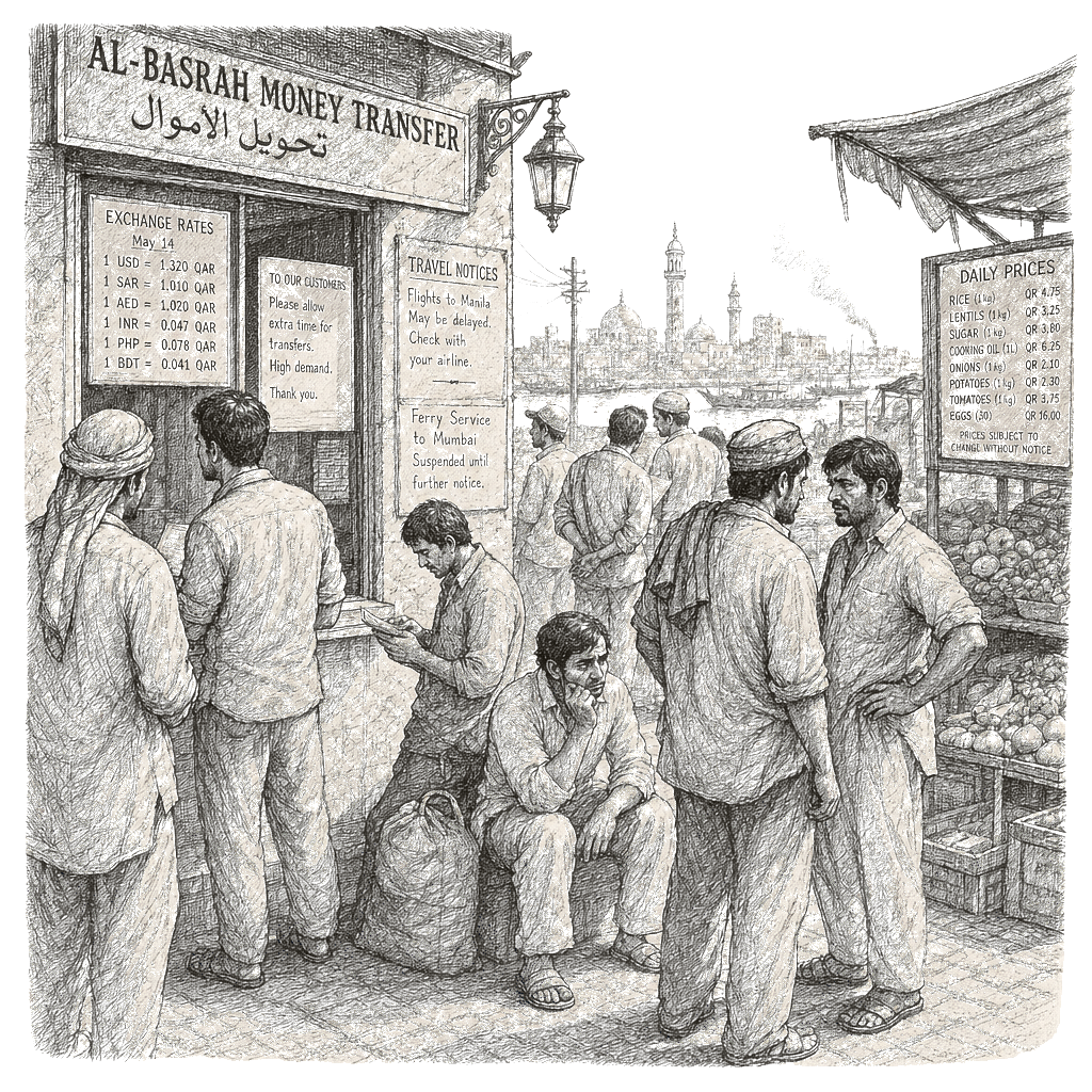 Illustration accompanying article: Iran war sharpens dilemmas for foreign workers in Gulf, advocates say