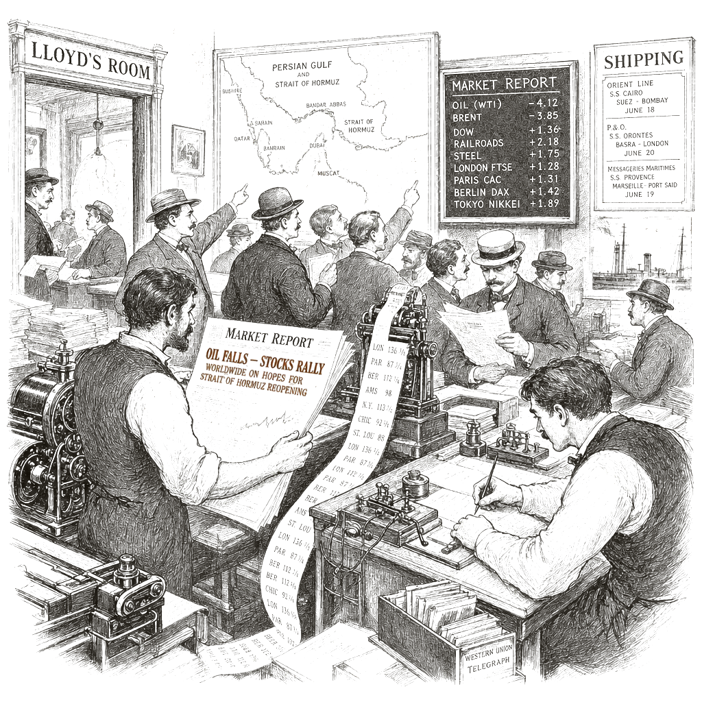 Illustration accompanying article: Oil falls and stocks rally worldwide on hopes for Strait of Hormuz reopening