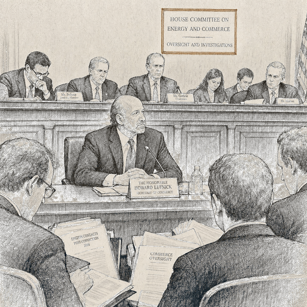 Illustration accompanying article: Commerce Secretary Lutnick testifies to House committee on Epstein ties