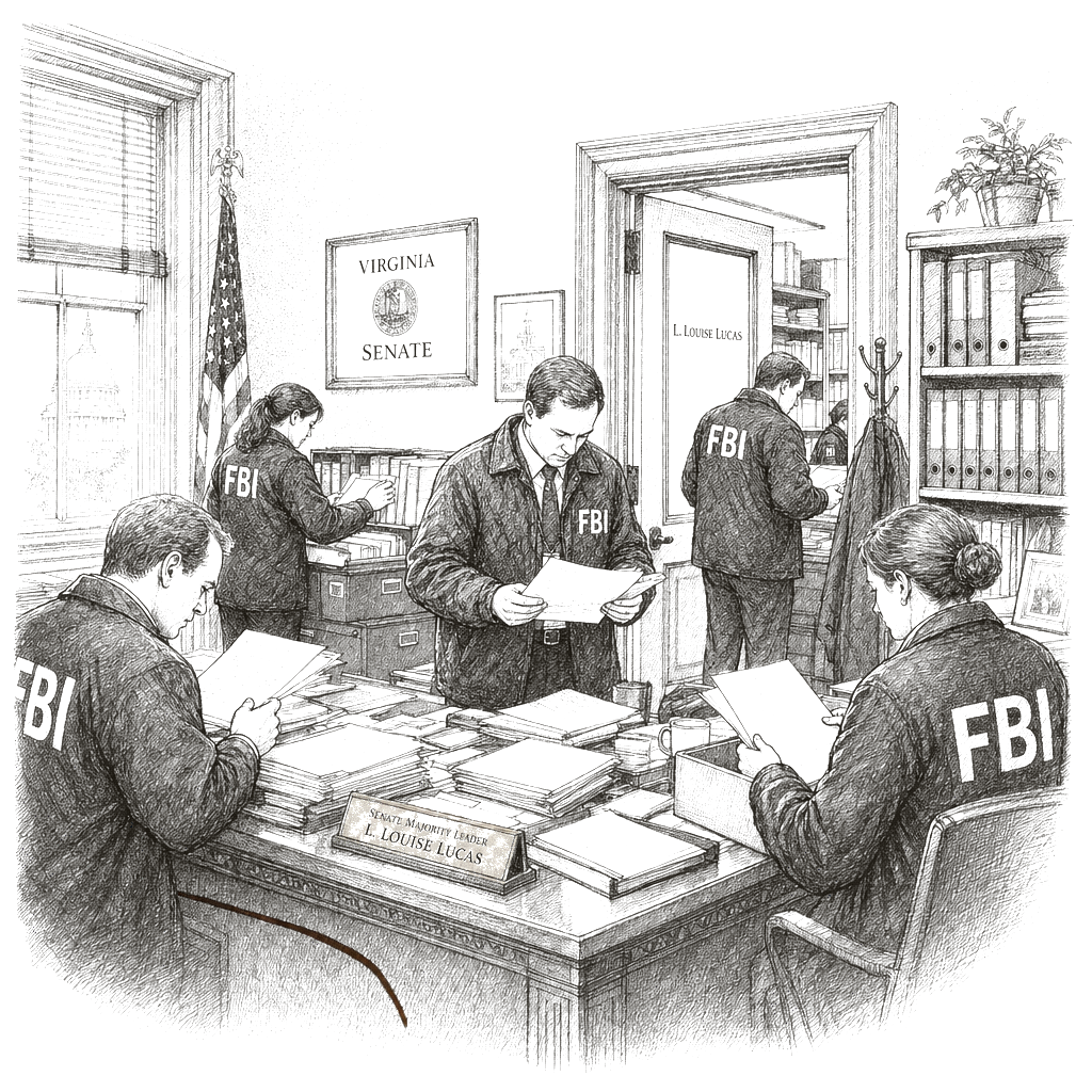 Illustration accompanying article: FBI searches Virginia Senate leader L. Louise Lucas’ office in corruption probe