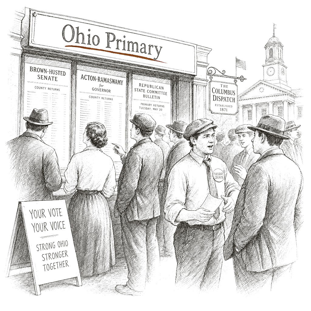 Illustration accompanying article: Ohio primaries set up Brown-Husted Senate fight and Acton-Ramaswamy race