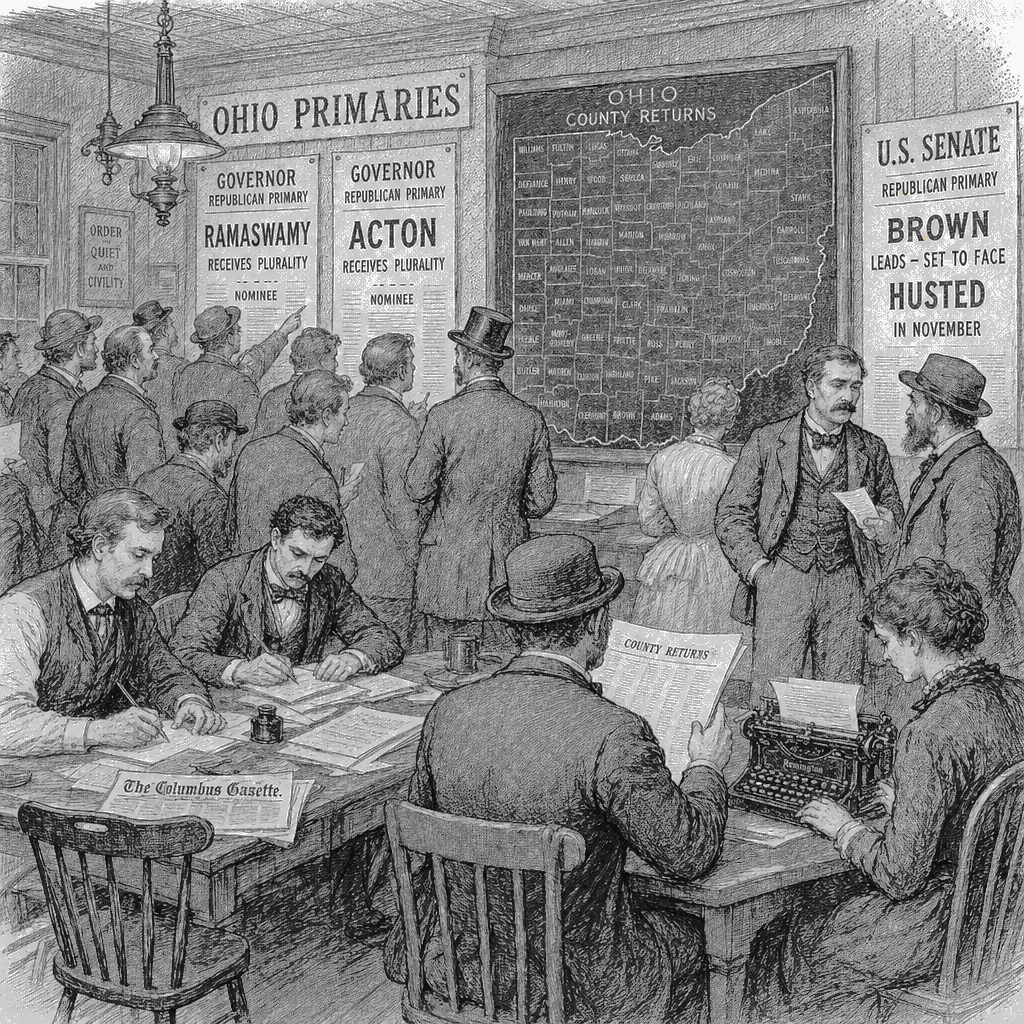 Illustration accompanying article: Ramaswamy, Acton win Ohio primaries for governor; Brown to face Husted for Senate