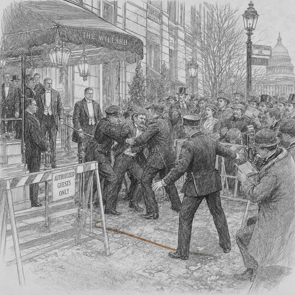 Illustration accompanying article: Suspect in Trump correspondents’ dinner attack indicted on new assault charge