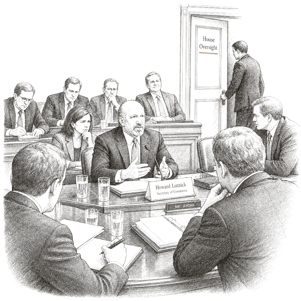 Illustration accompanying article: Lutnick defends Epstein ties in closed House interview, GOP praises