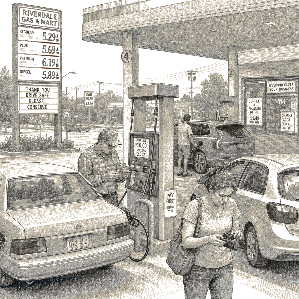 Illustration accompanying article: Gas price shock deepens 'K-shaped' economic divide as low-income drivers cut consumption…