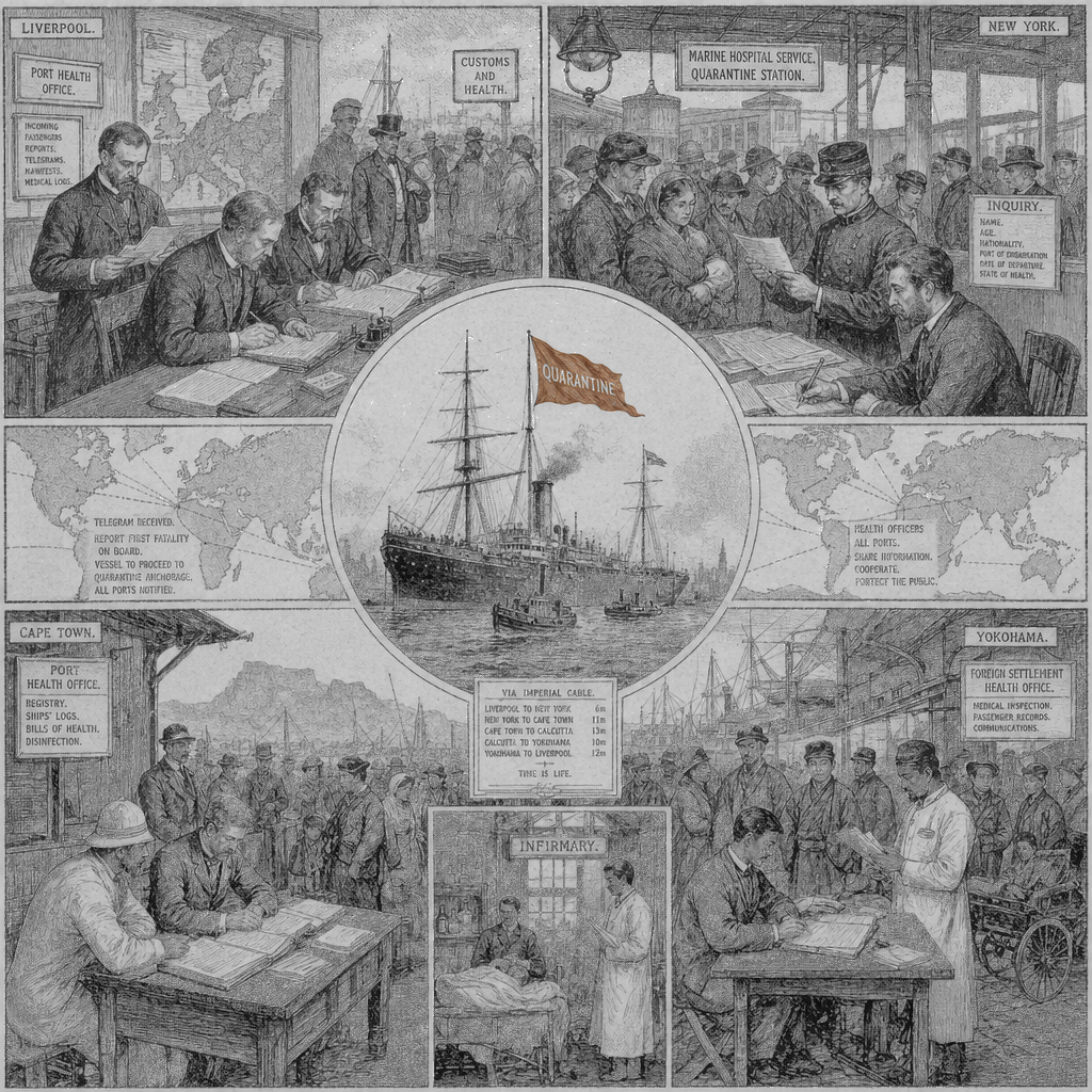 Illustration accompanying article: Health officials track dozens who left virus-stricken ship after first fatality