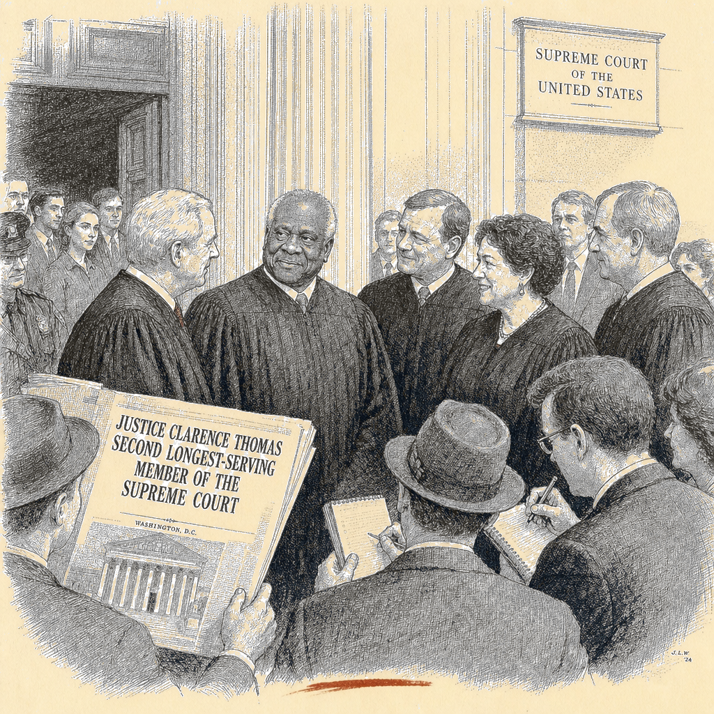Illustration accompanying article: Justice Clarence Thomas becomes second longest-serving member of Supreme Court