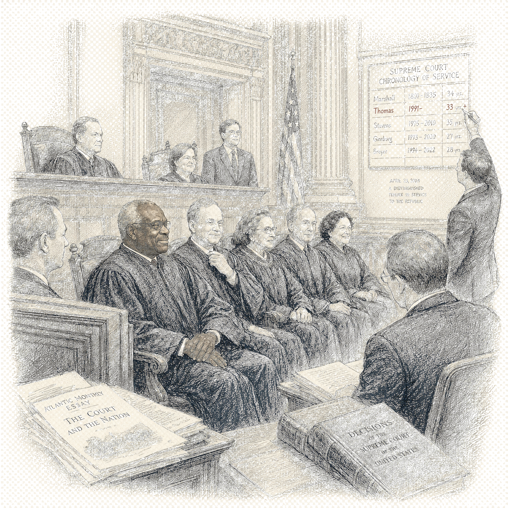 Illustration accompanying article: Justice Clarence Thomas becomes second-longest serving Supreme Court justice