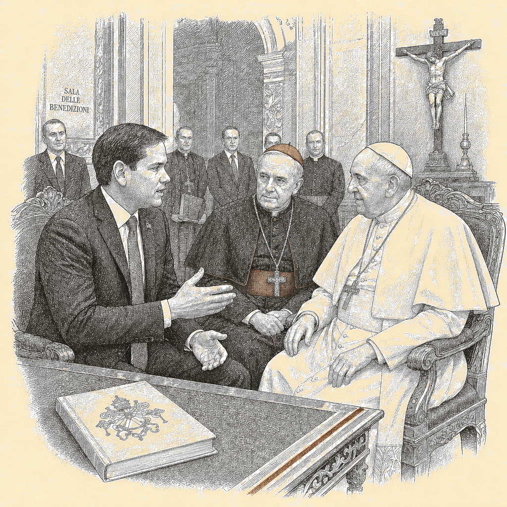Illustration accompanying article: Rubio meets pope and cardinal at Vatican to affirm ties after Trump's remarks