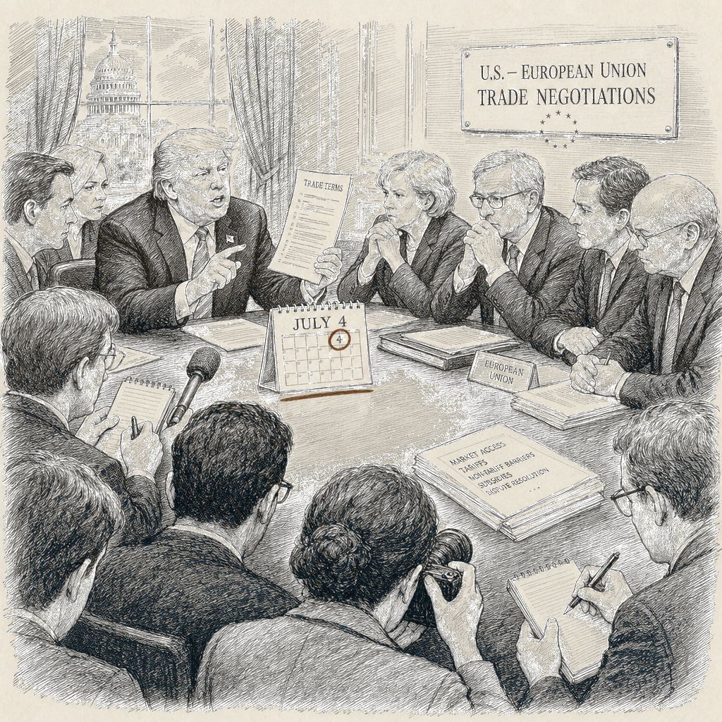 Illustration accompanying article: Trump says EU has until July 4 to approve trade deal or face higher tariffs