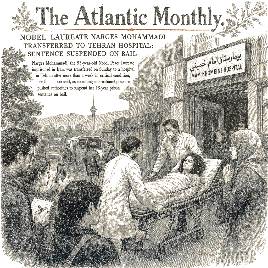 Illustration accompanying article: Nobel laureate Narges Mohammadi transferred to Tehran hospital; sentence suspended on bail