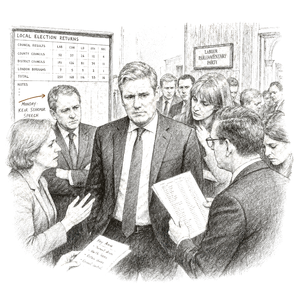 Illustration accompanying article: Starmer faces Labour leadership pressure after local election losses