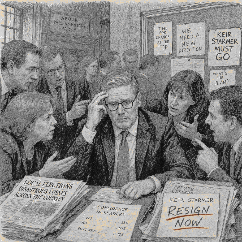 Illustration accompanying article: Starmer fights to keep job as Labour lawmakers call for resignation after local election…