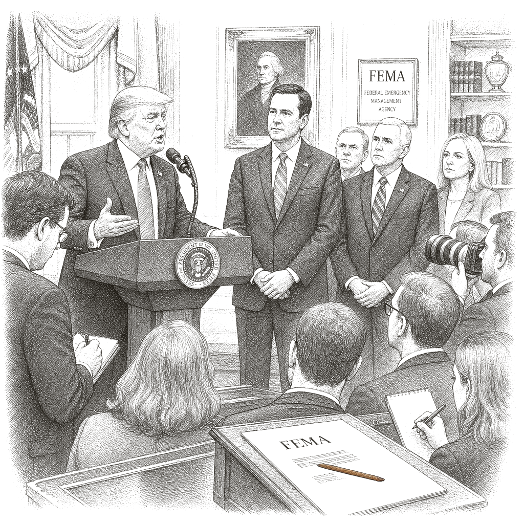 Illustration accompanying article: Trump nominates Cameron Hamilton to lead FEMA a year after his firing