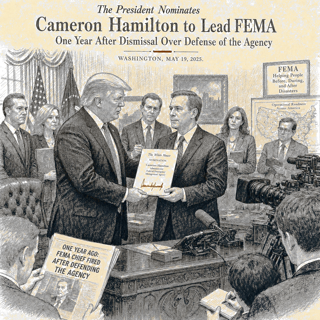 Illustration accompanying article: Trump nominates Cameron Hamilton to lead FEMA one year after firing him for defending…