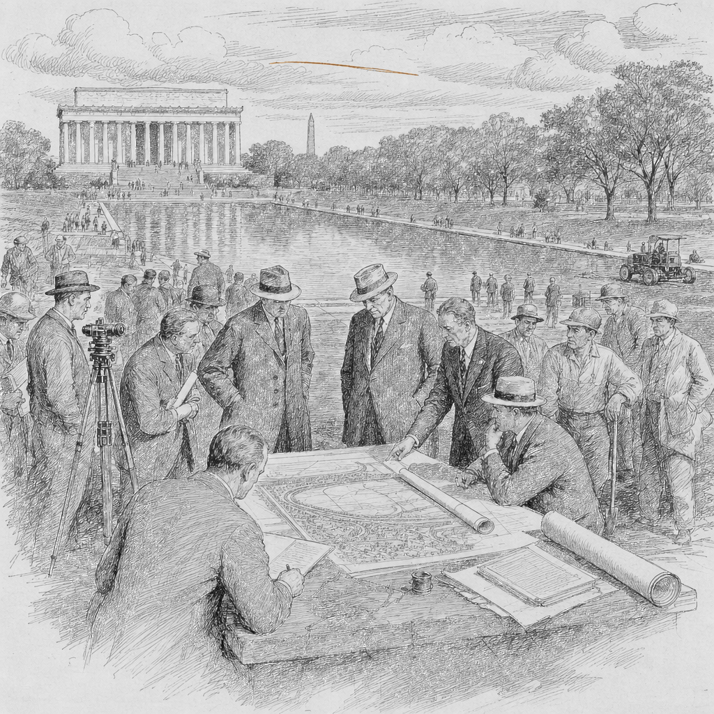 Illustration accompanying article: Trump’s Reflecting Pool and golf-course plans highlight power play in DC