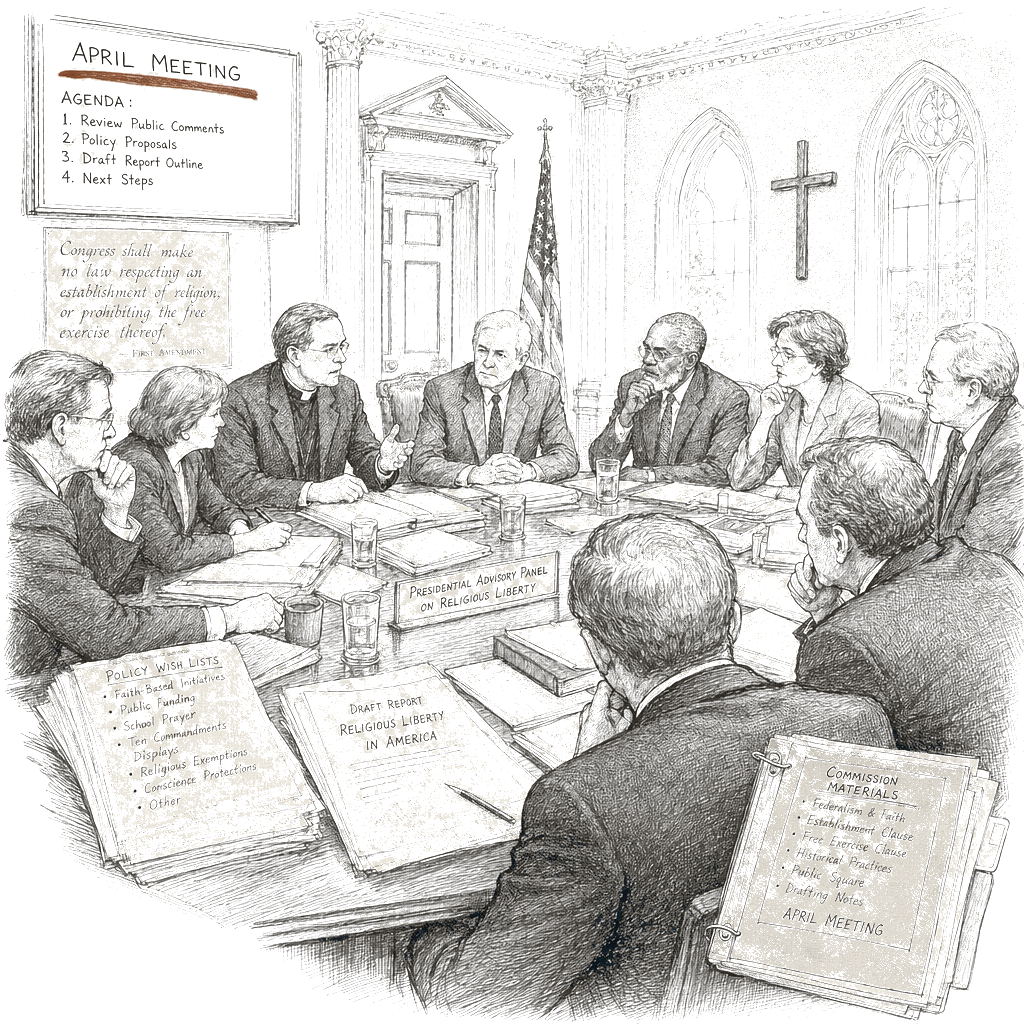 Illustration accompanying article: Trump’s religious liberty panel weighs wish lists, including ending church-state…