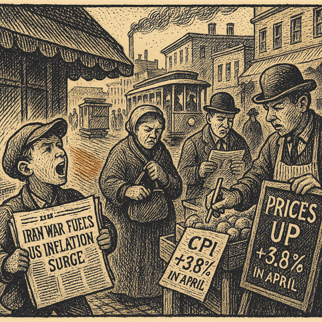 Illustration accompanying article: Iran war fuels US inflation surge as consumer prices rise 3.8% in April