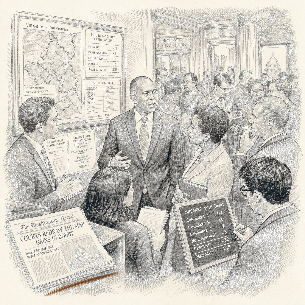 Illustration accompanying article: Jeffries job grows more difficult as House speaker race resets