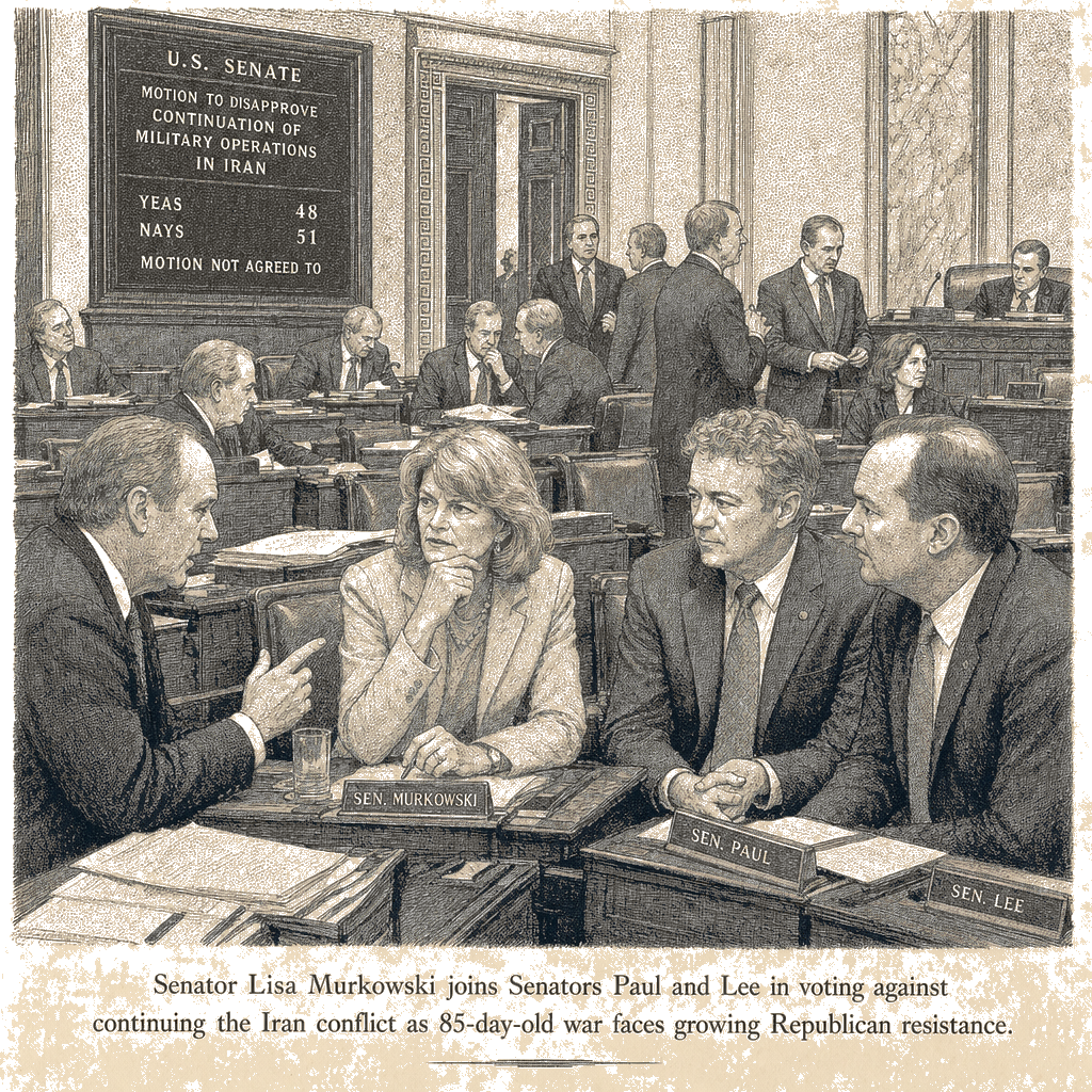 Illustration accompanying article: Republican resistance to Iran war grows as Murkowski flips