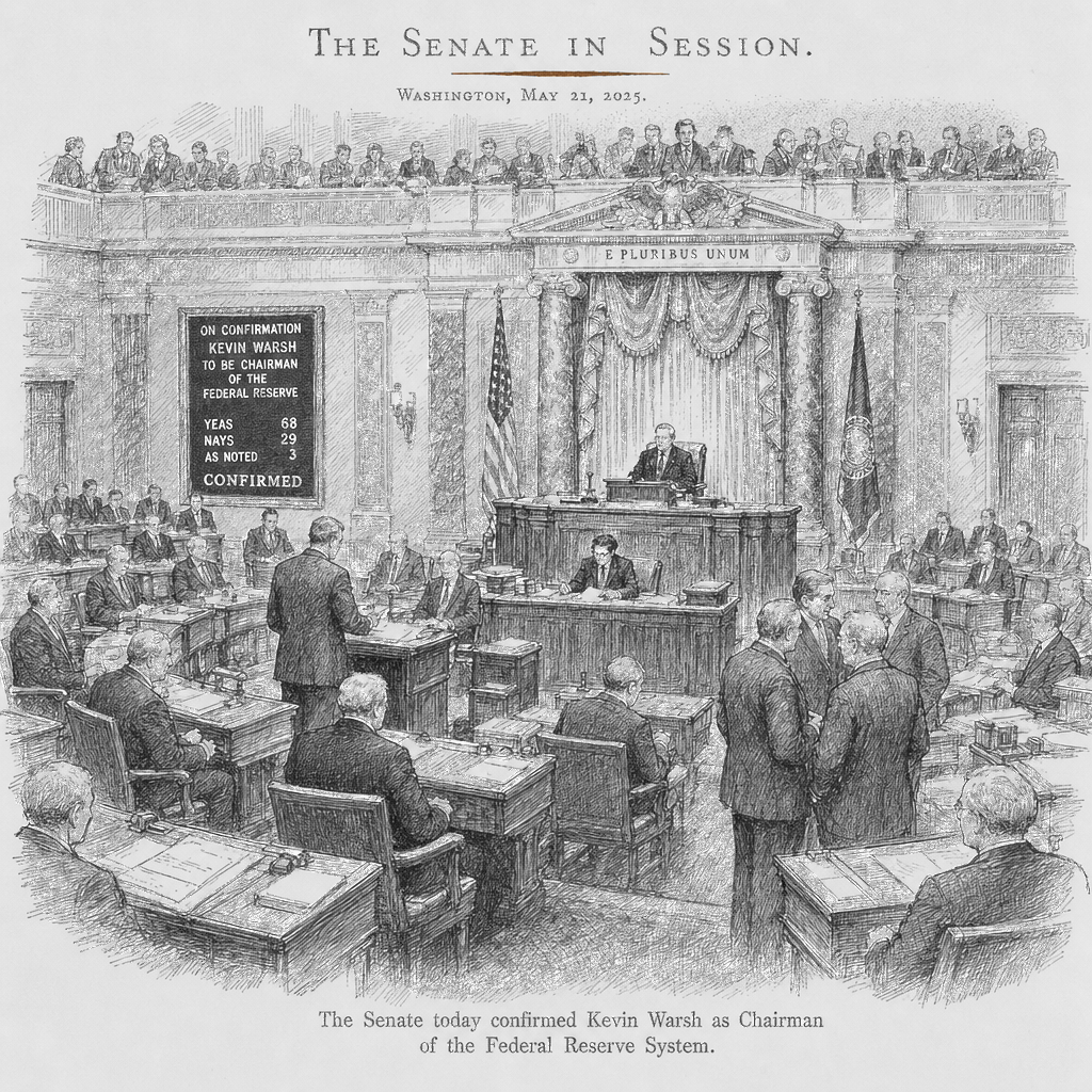 Illustration accompanying article: Senate confirms Kevin Warsh as Federal Reserve chairman