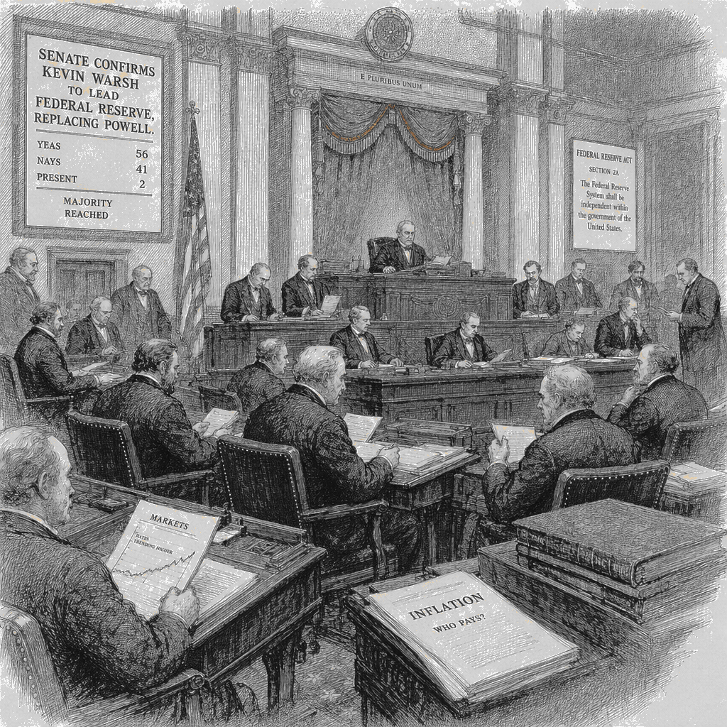Illustration accompanying article: Senate Confirms Kevin Warsh to Lead Federal Reserve, Replacing Powell