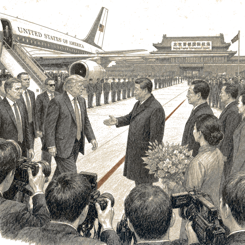 Illustration accompanying article: Trump arrives in Beijing for high-stakes summit with Xi as China signals cautious welcome
