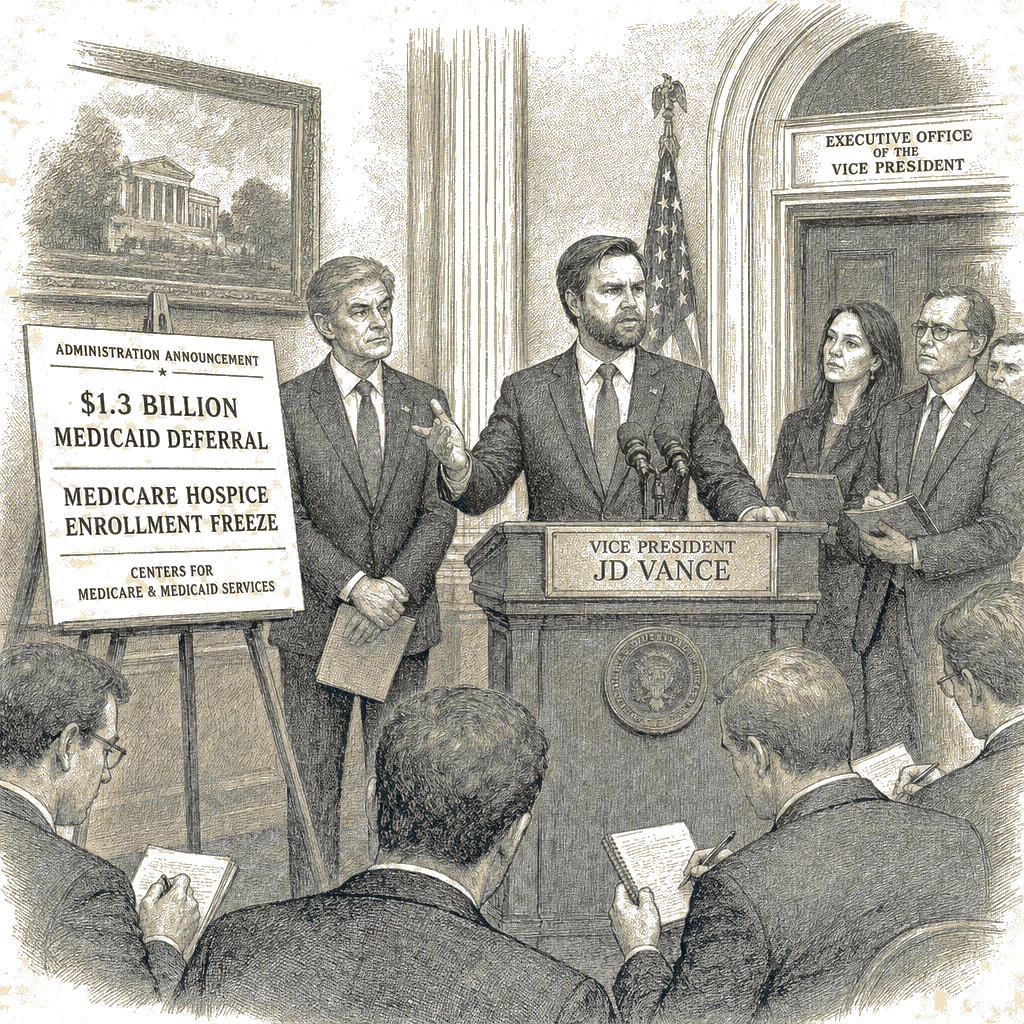 Illustration accompanying article: Vance announces $1.3B Medicaid deferral, Medicare hospice enrollment freeze