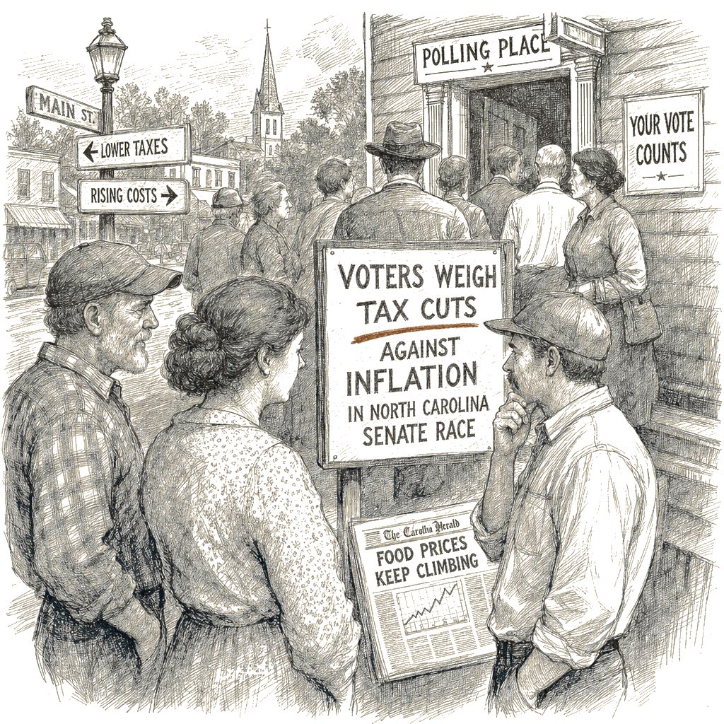 Illustration accompanying article: Voters weigh tax cuts against inflation in North Carolina Senate race