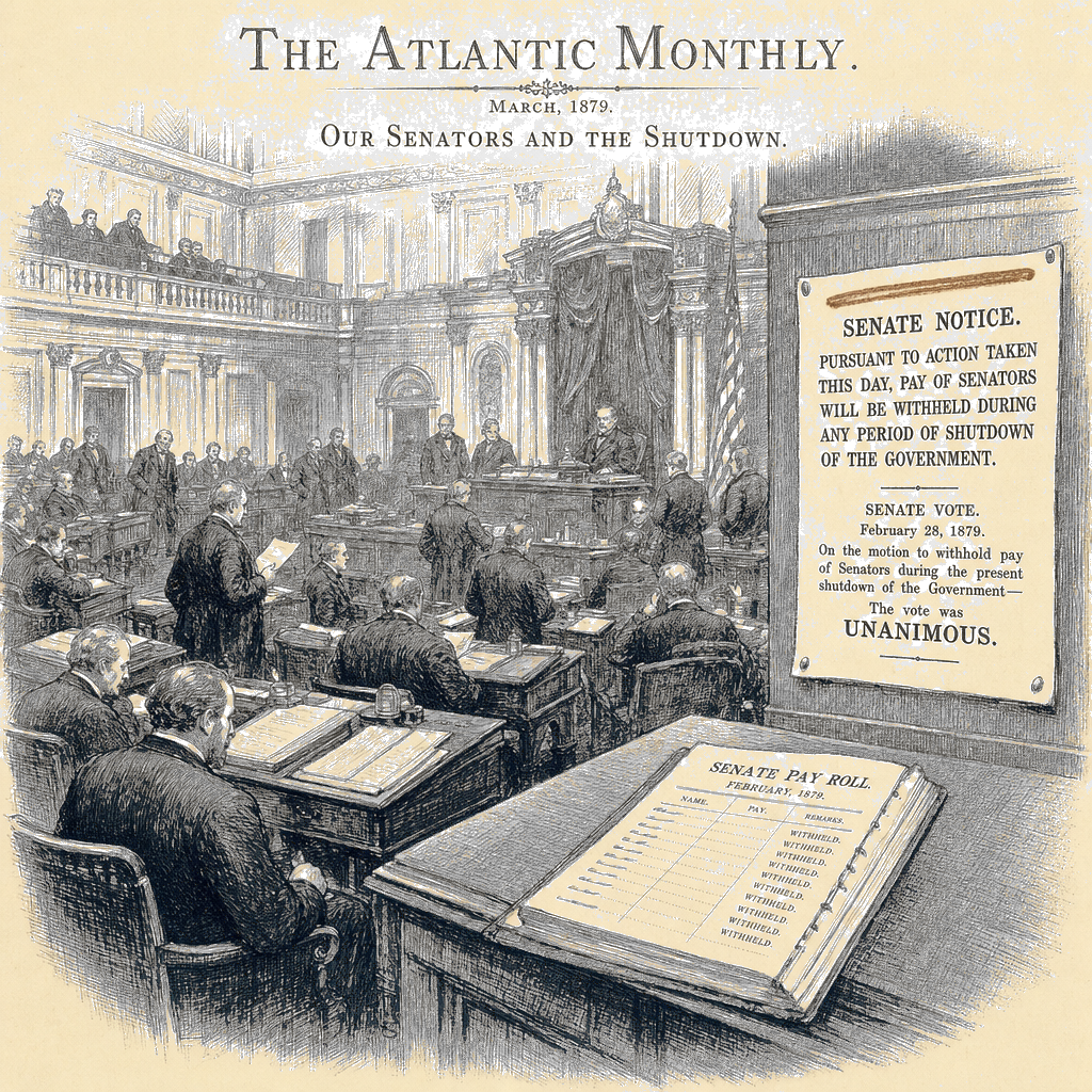 Illustration accompanying article: Senate votes to withhold members' pay during government shutdowns