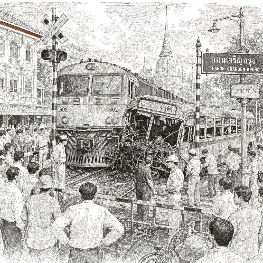 Illustration accompanying article: Cargo train hits bus in Bangkok, killing 8; barrier operation under review