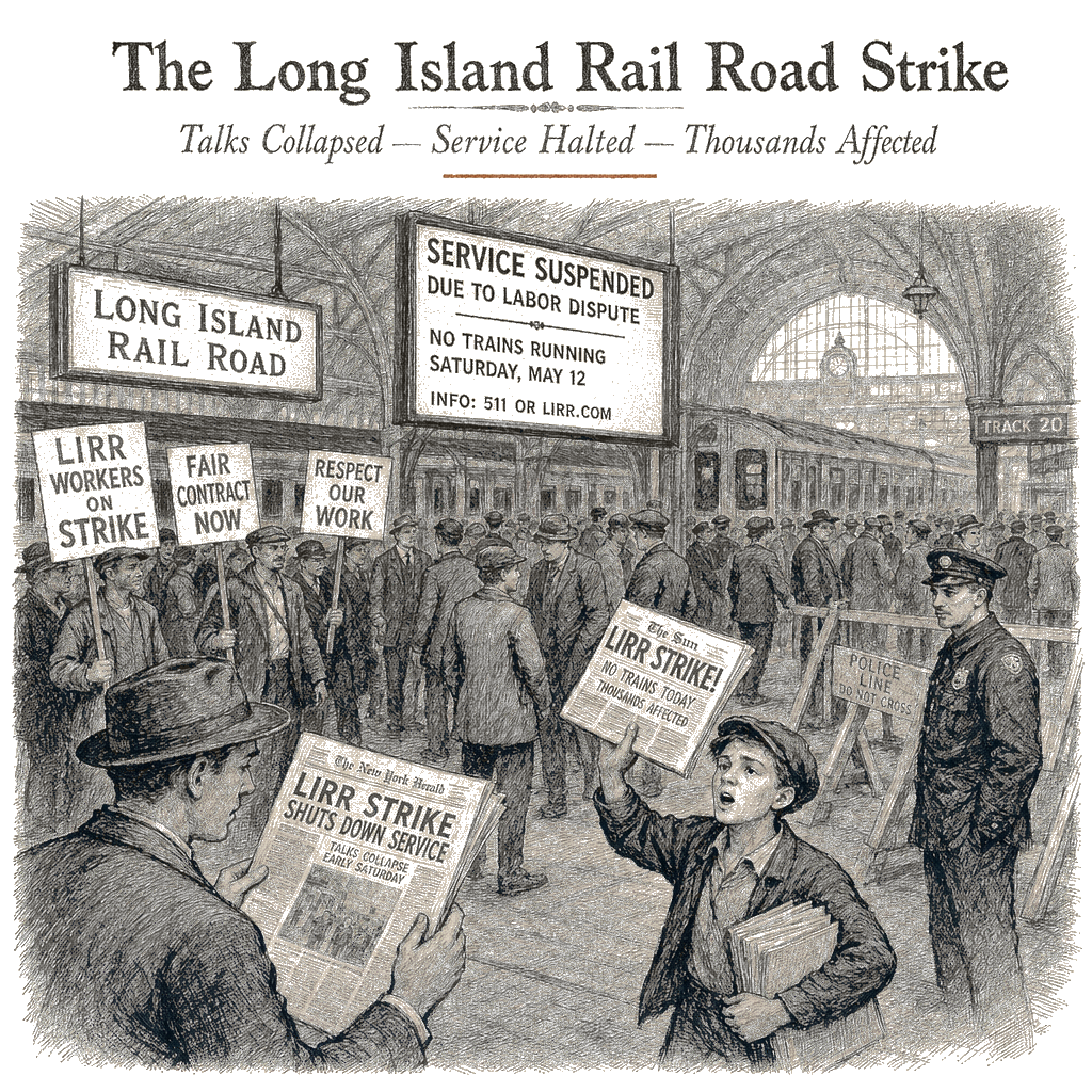 Illustration accompanying article: Long Island Rail Road strike halts North America's busiest commuter system