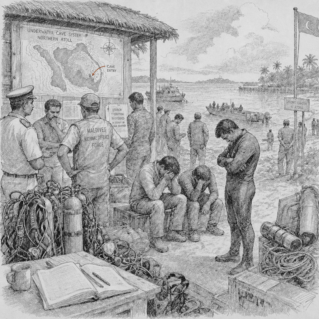 Illustration accompanying article: Maldives suspends search for 4 Italians in underwater cave after diver dies