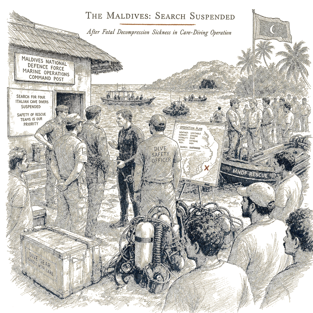 Illustration accompanying article: Maldives suspends search for Italian divers after rescue diver dies