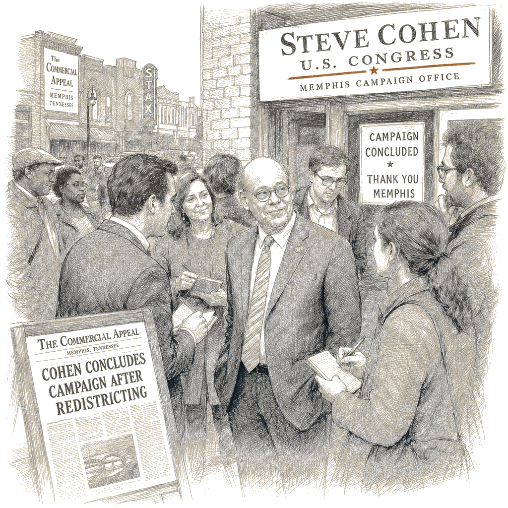 Illustration accompanying article: Rep. Steve Cohen ending campaign after redraw of his Memphis district