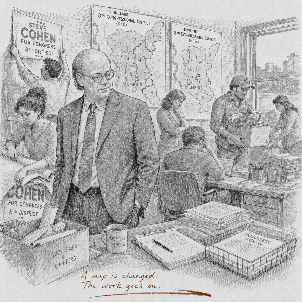 Illustration accompanying article: Rep. Steve Cohen ends campaign after redraw of Memphis district
