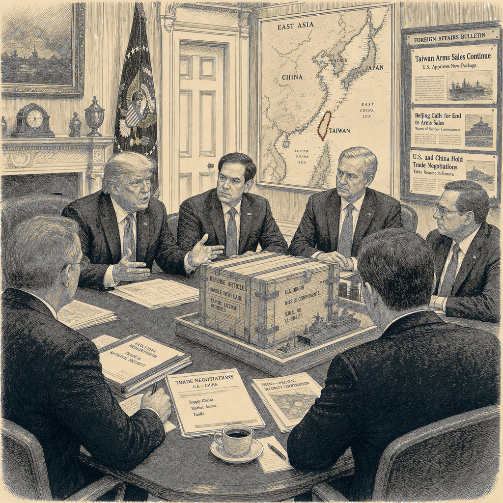Illustration accompanying article: Trump calls Taiwan arms sales a 'very good negotiating chip' with China