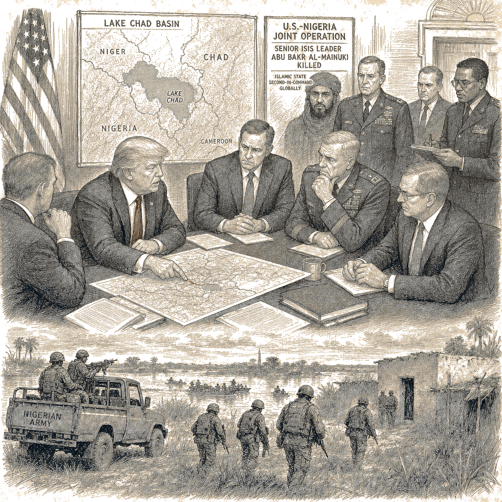 Illustration accompanying article: Trump says Islamic State group leader killed in US-Nigerian mission