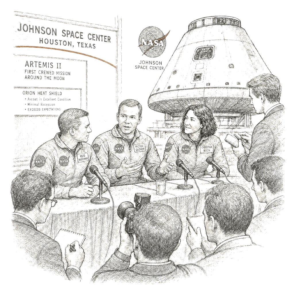Illustration accompanying article: Artemis II astronauts give high marks to moonship heat shield