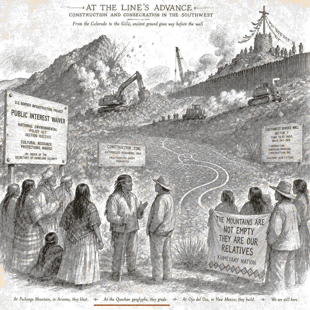 Illustration accompanying article: Border wall construction desecrates sacred Indigenous sites, tribal leaders say