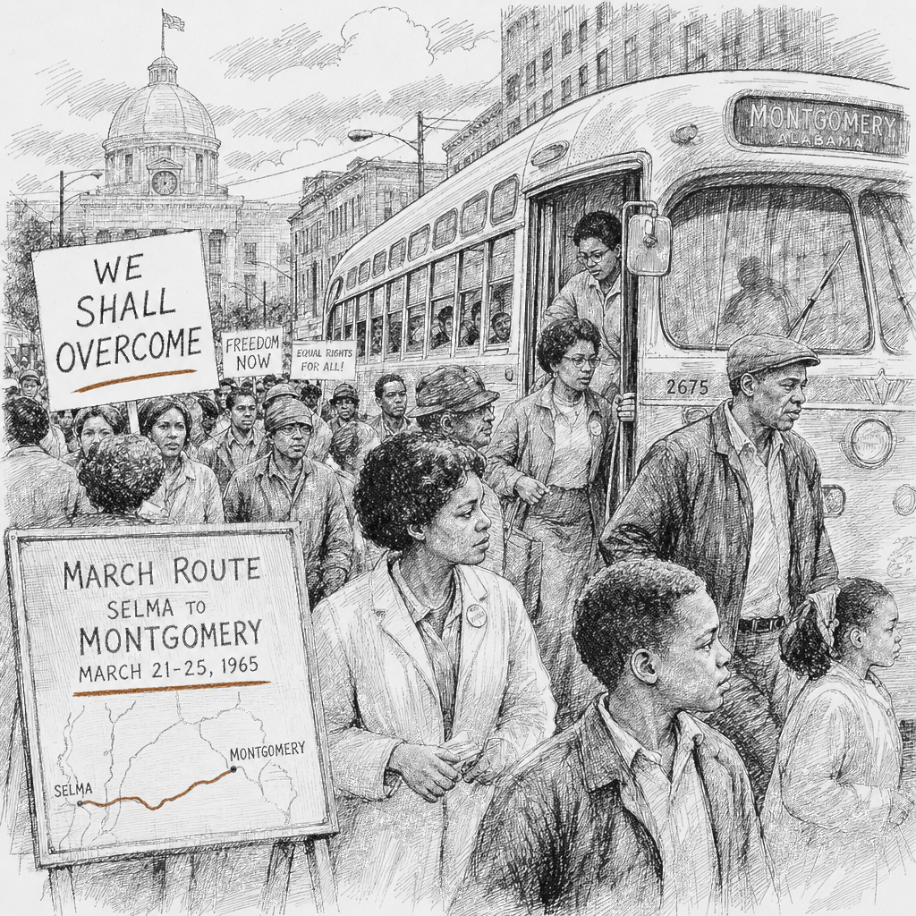 Illustration accompanying article: Bus riders retrace 1965 civil rights march to renew fight after ruling
