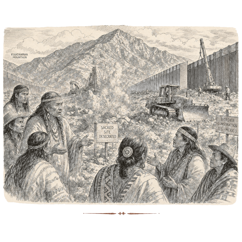 Illustration accompanying article: Indigenous leaders decry US border-wall work desecrating sacred sites