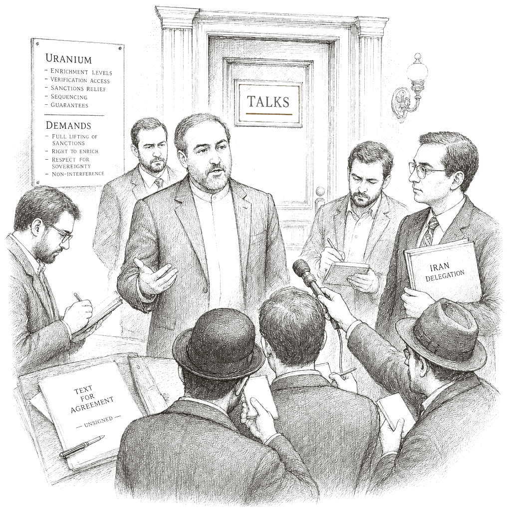 Illustration accompanying article: Iran rejects US uranium demands, says talks stalled on maximalist stance