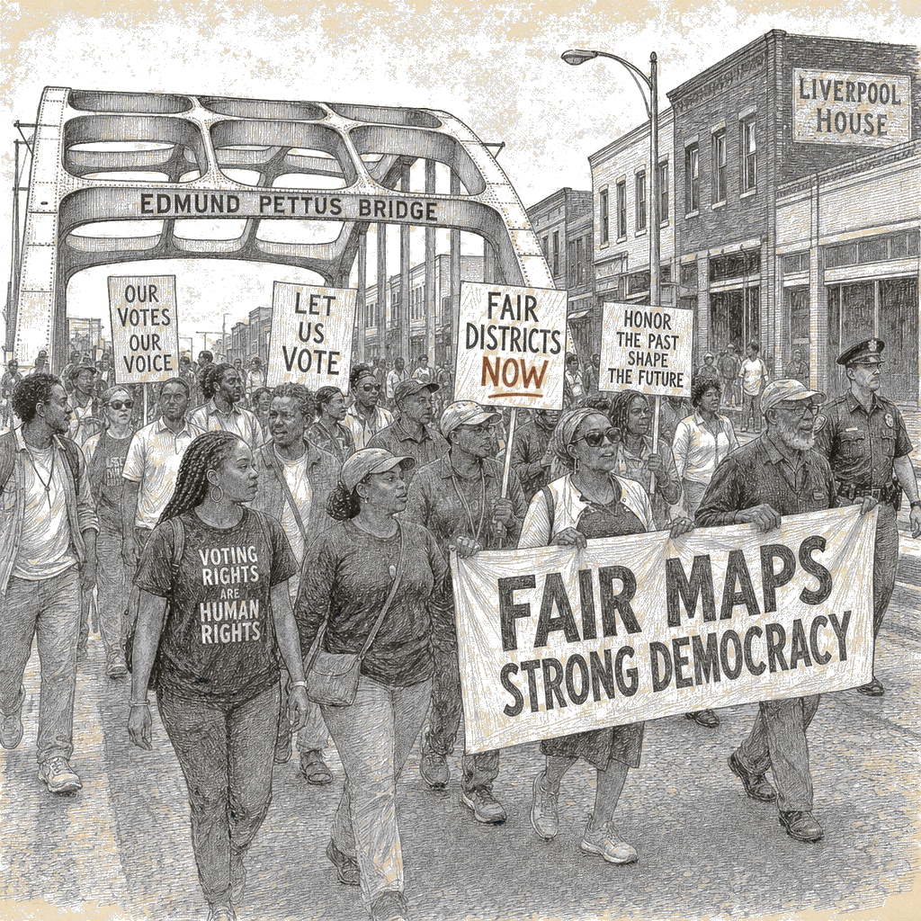 Illustration accompanying article: Voting rights activists retrace 1965 march in Montgomery to launch new redistricting fight