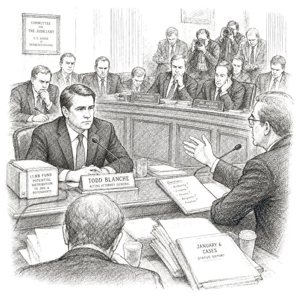 Illustration accompanying article: Blanche faces scrutiny over nearly $1.8B fund that could pay Jan. 6 rioters