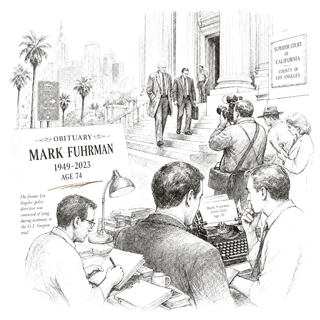 Illustration accompanying article: Mark Fuhrman, LA detective convicted of lying at OJ Simpson trial, dies at 74