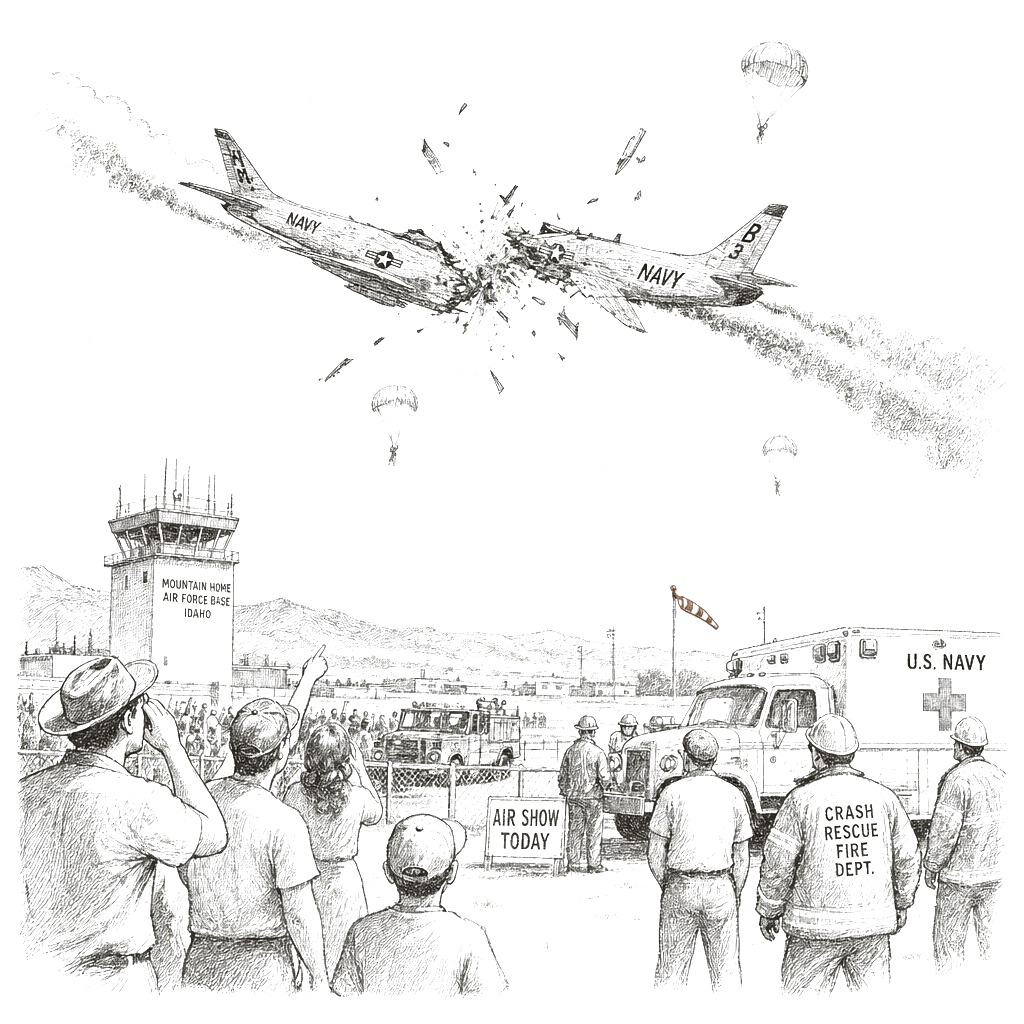 Illustration accompanying article: Navy jets collide midair during Idaho air show; crews ejected safely