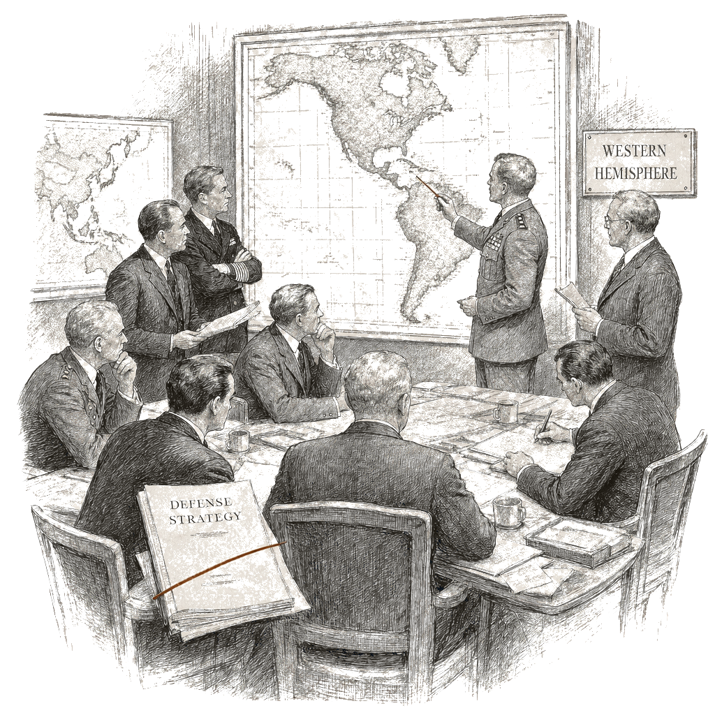 Illustration accompanying article: Pentagon releases defense strategy emphasizing Western Hemisphere over China